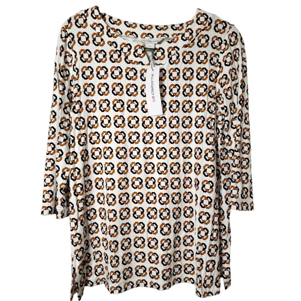 NEW Liz Claiborne Knit Top Geometric Cream, Black, Gold/Tan  Size M